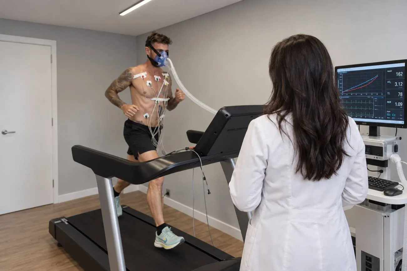 Paciente fazendo teste de esforço cardiopulmonar na esteira